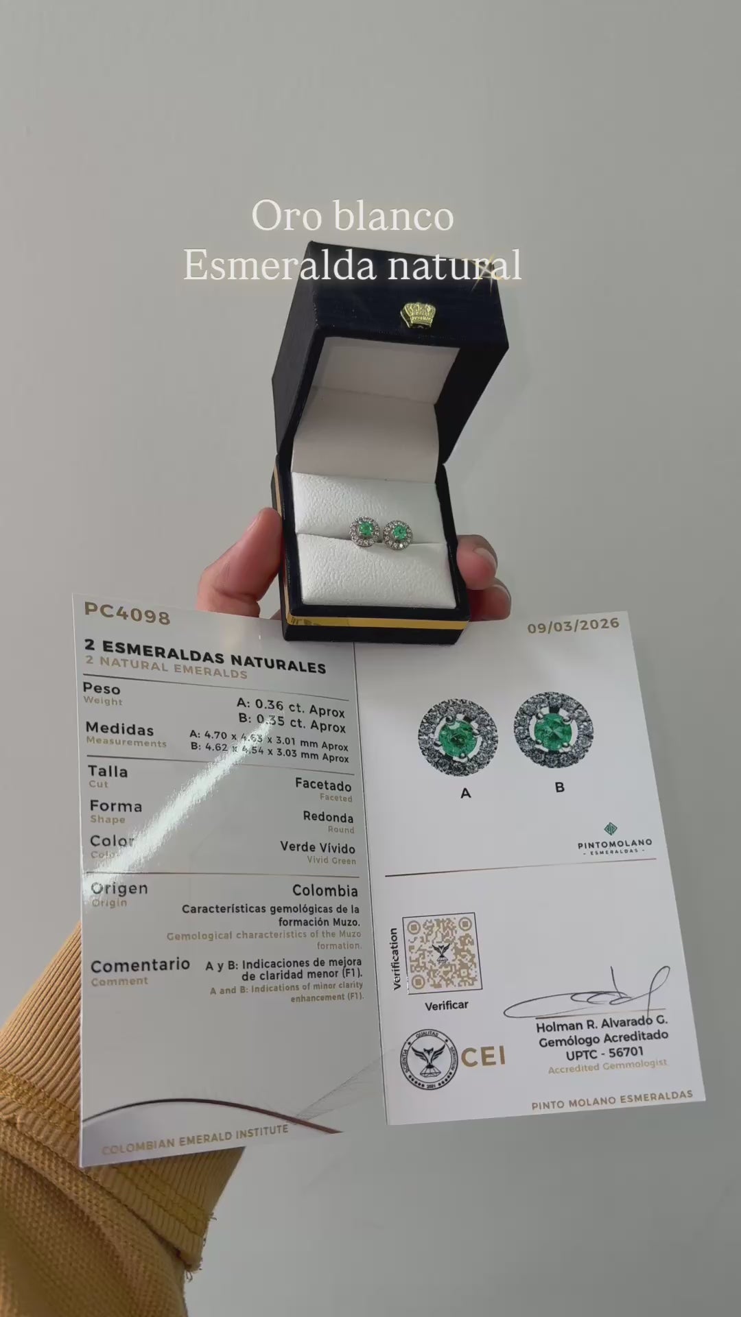 Aretes en Oro Blanco 18K con Esmeralda Natural de 5 mm y Circones